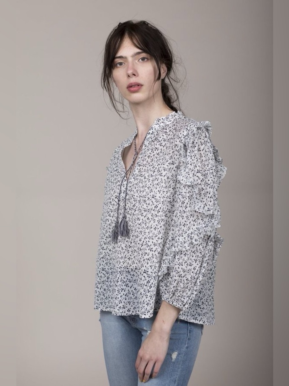 Ulla Johnson Lillian Crinkle Peasant Blouse Floral Porcelain